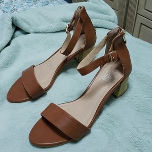 Brown strap shoe with glitter heels. 2 inch heels